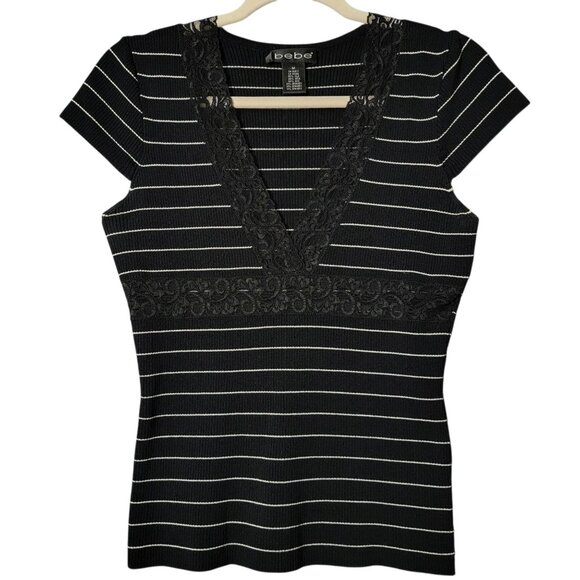 Bebe Y2K 2000s Black Striped Ribbed Lace Trim Silk Blend V-Neck Baby Top Medium - Picture 1 of 9